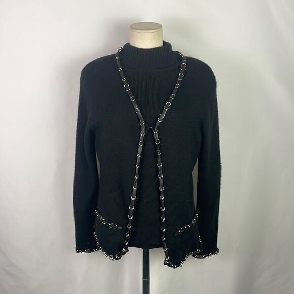 Talk Of The Walk Black Turtleneck Cardigan With Chain Trim Sweater Set - Picture 1 of 6